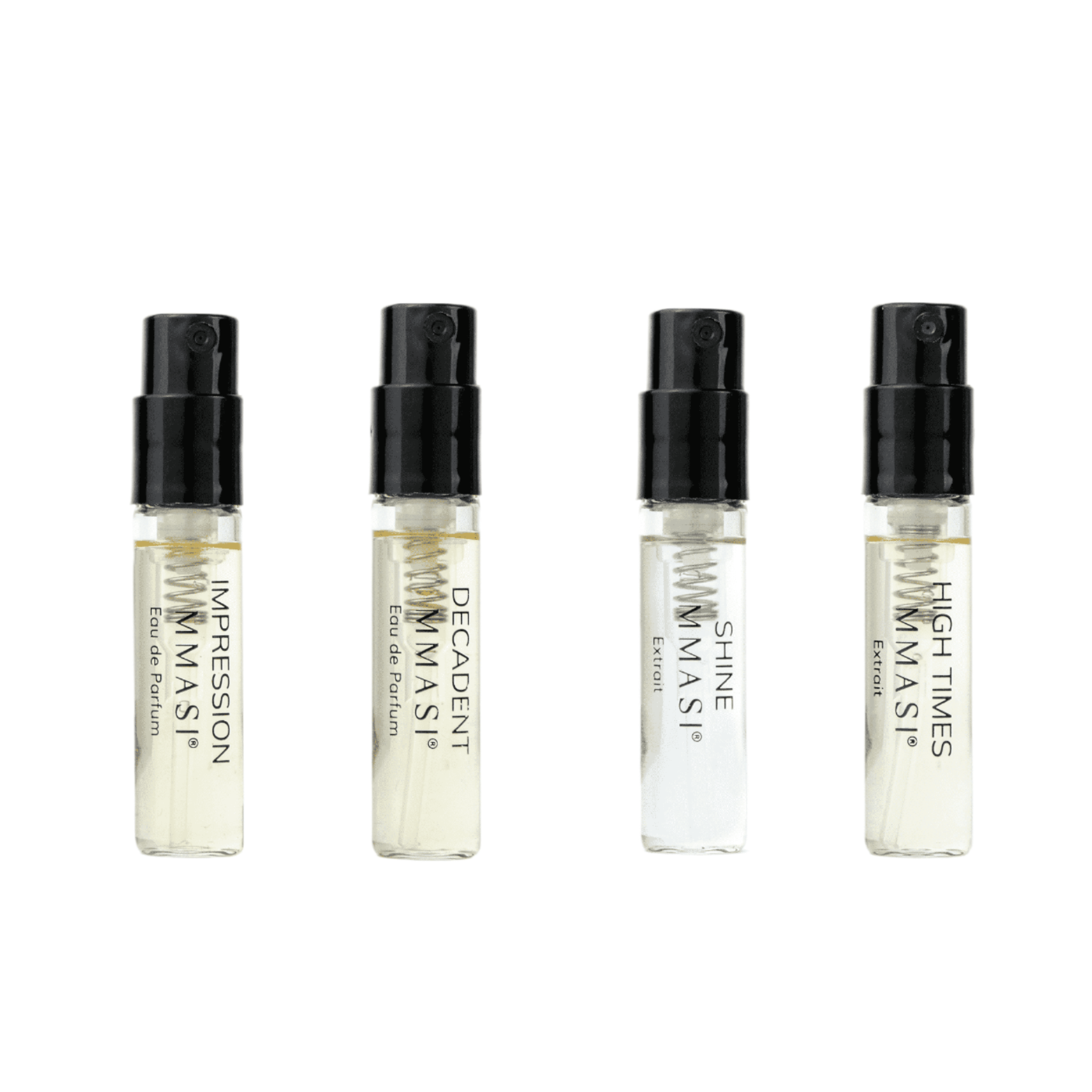 Four clear glass spray bottles of perfume labeled "IMPRESSION," "DECADENT," "SHINE," and "HIGH TIMES," with black spray nozzles and transparent liquid inside, against a black background.