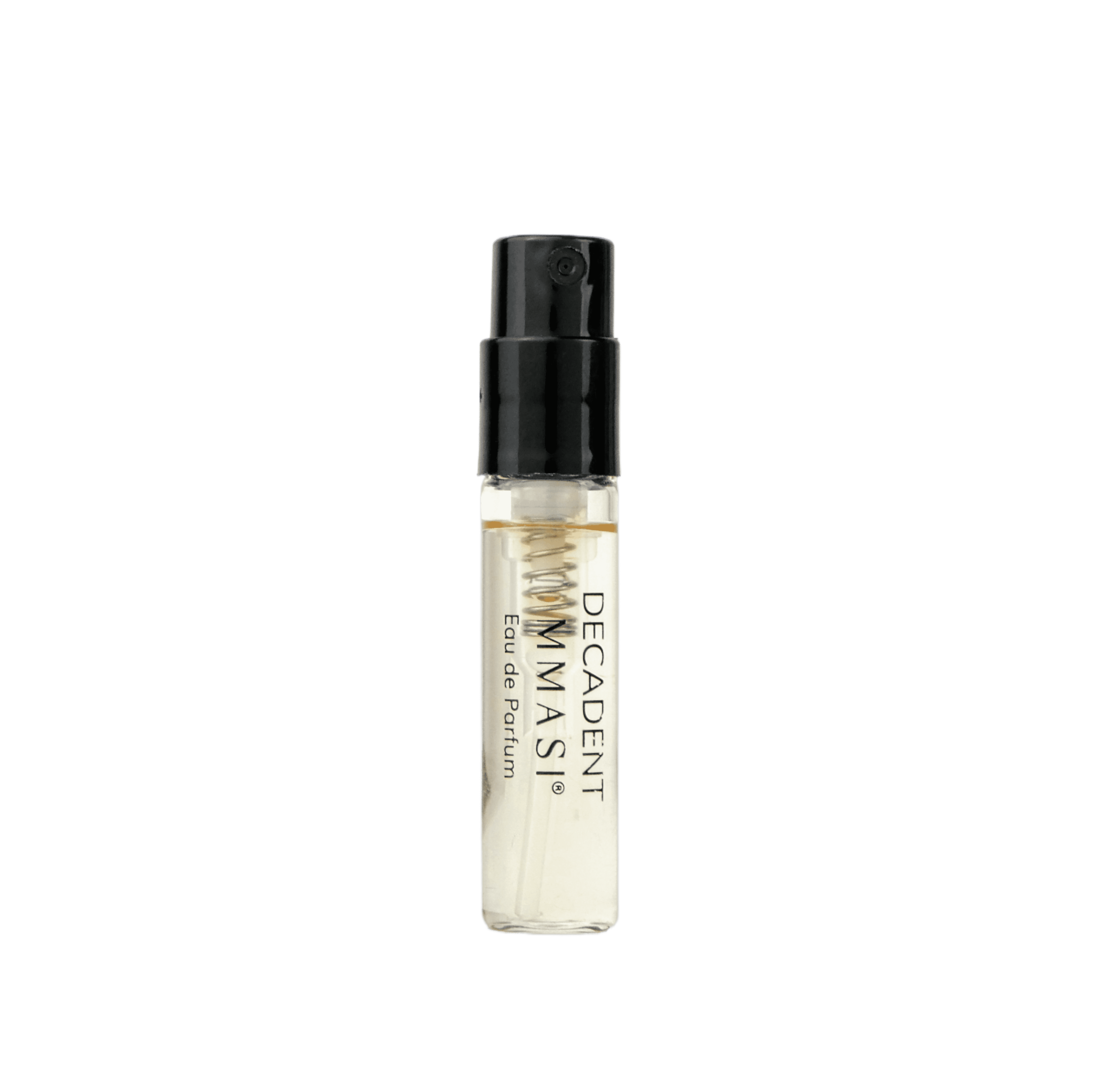 A clear glass perfume bottle with a black spray nozzle, labeled "DECADENT" in bold black letters against a transparent background.