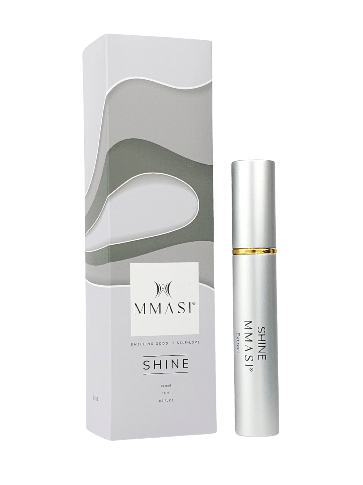 A white and silver perfume bottle and its packaging with the brand name "MMASI" and the word "SHINE" printed on it. The packaging has a wavy design and the text "smelling good is self-love" on it. The bottle is 10ml or 0.31 fl oz.