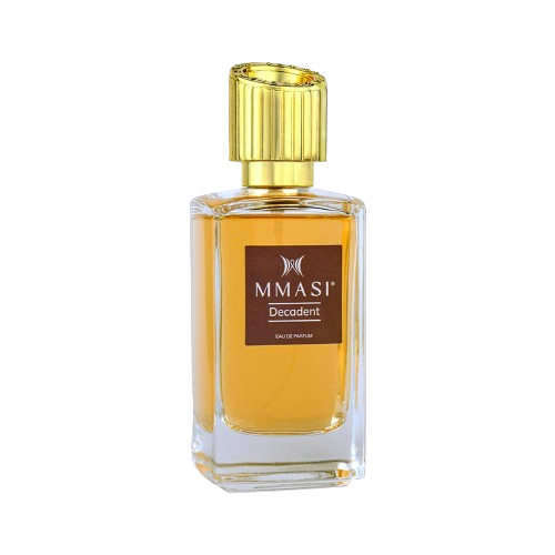 A rectangular glass perfume bottle with a golden cap and a brown label that reads "MMASI Decadent EAU DE PARFUM" on a transparent background.