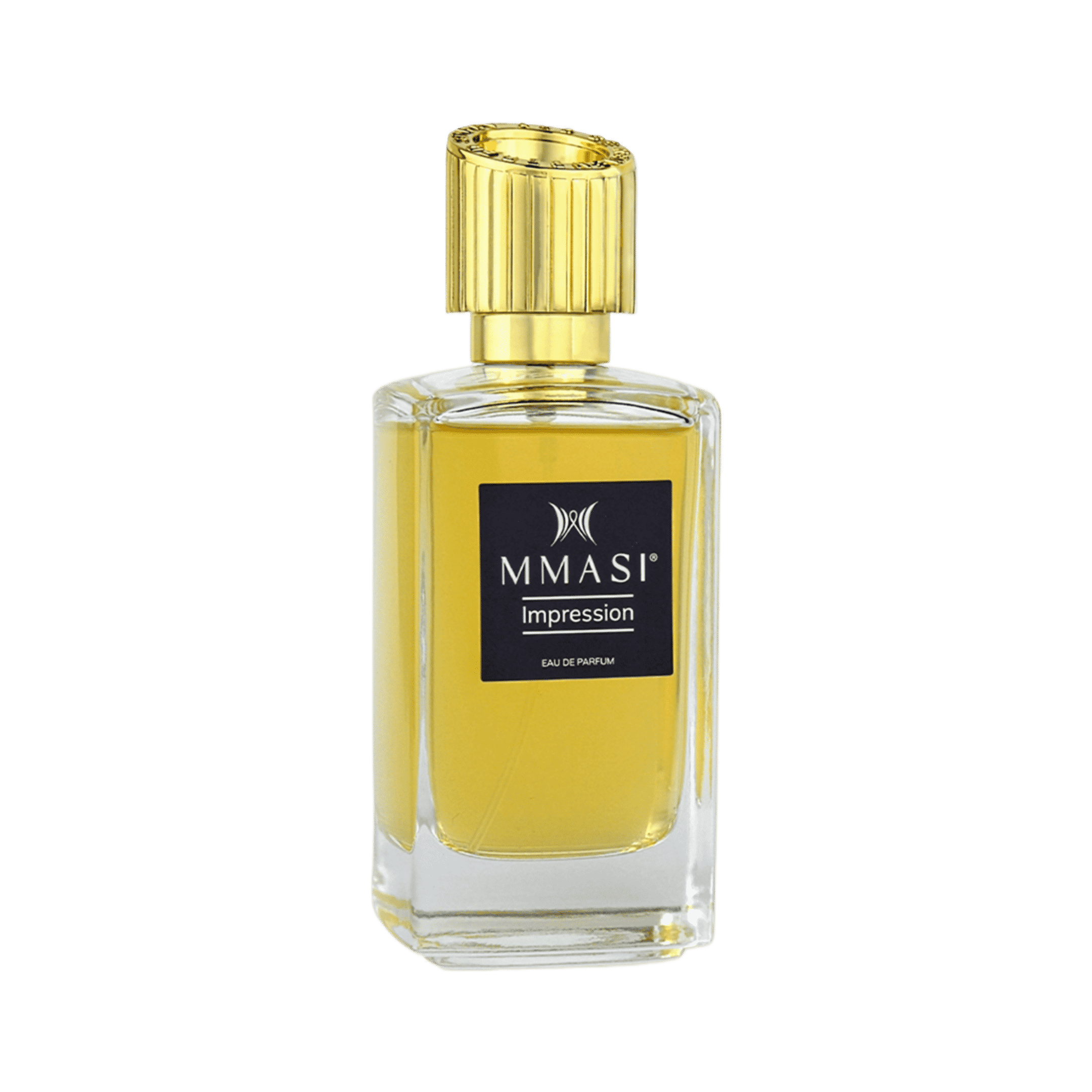 A glass bottle of MMASI Impression Eau de Parfum with a golden cap, filled with yellow liquid, against a transparent background