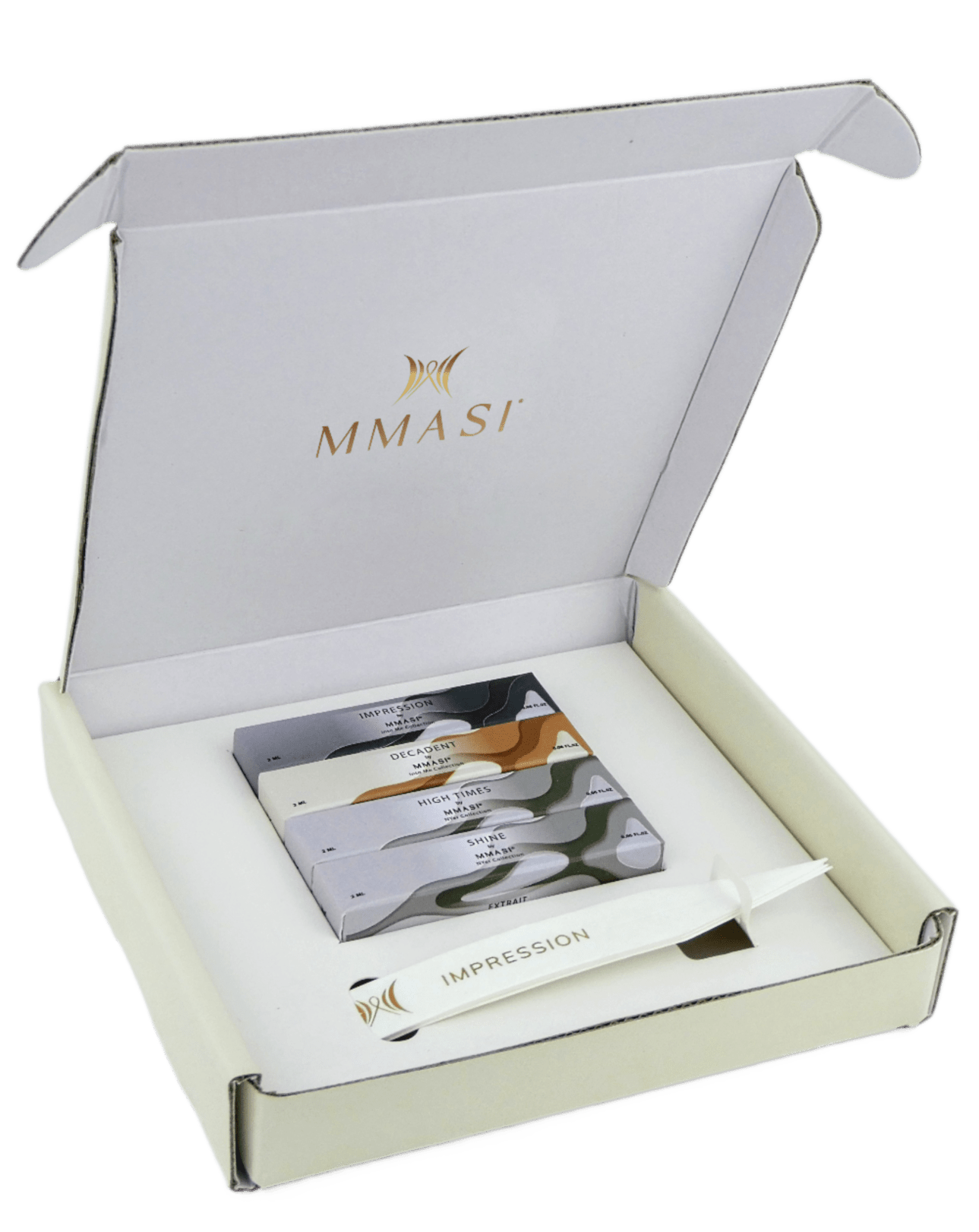 An open white box with the logo "MMASI" on the inside lid, containing a set of four colorful and uniquely designed packaging and a scent strip with the word "IMPRESSION" printed on it.