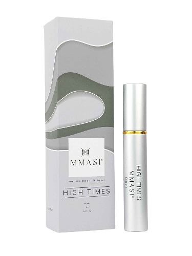 A perfume bottle and packaging with the logo "MMASI" and the fragrance name "High Times". The packaging is grey and white with a wavy design, and the bottle is silver with gold accents.